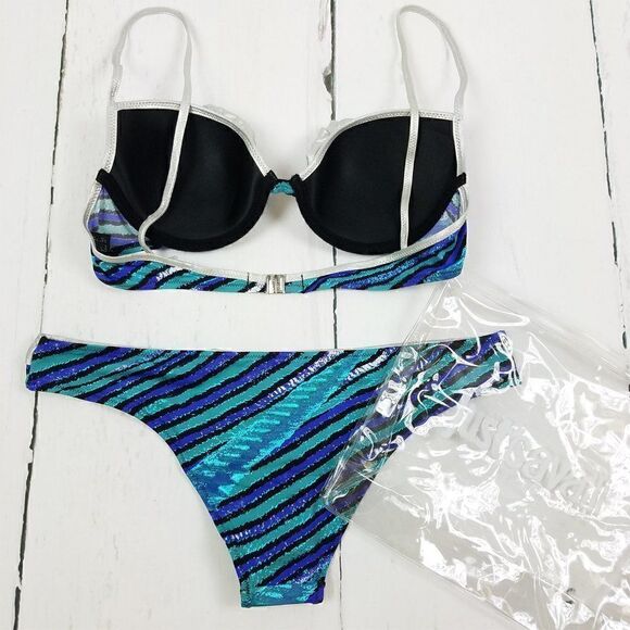 New Just Cavalli Women Stretch Bikini Blue Silver Push-Up Two Piece Swimsuit - Picture 6 of 12